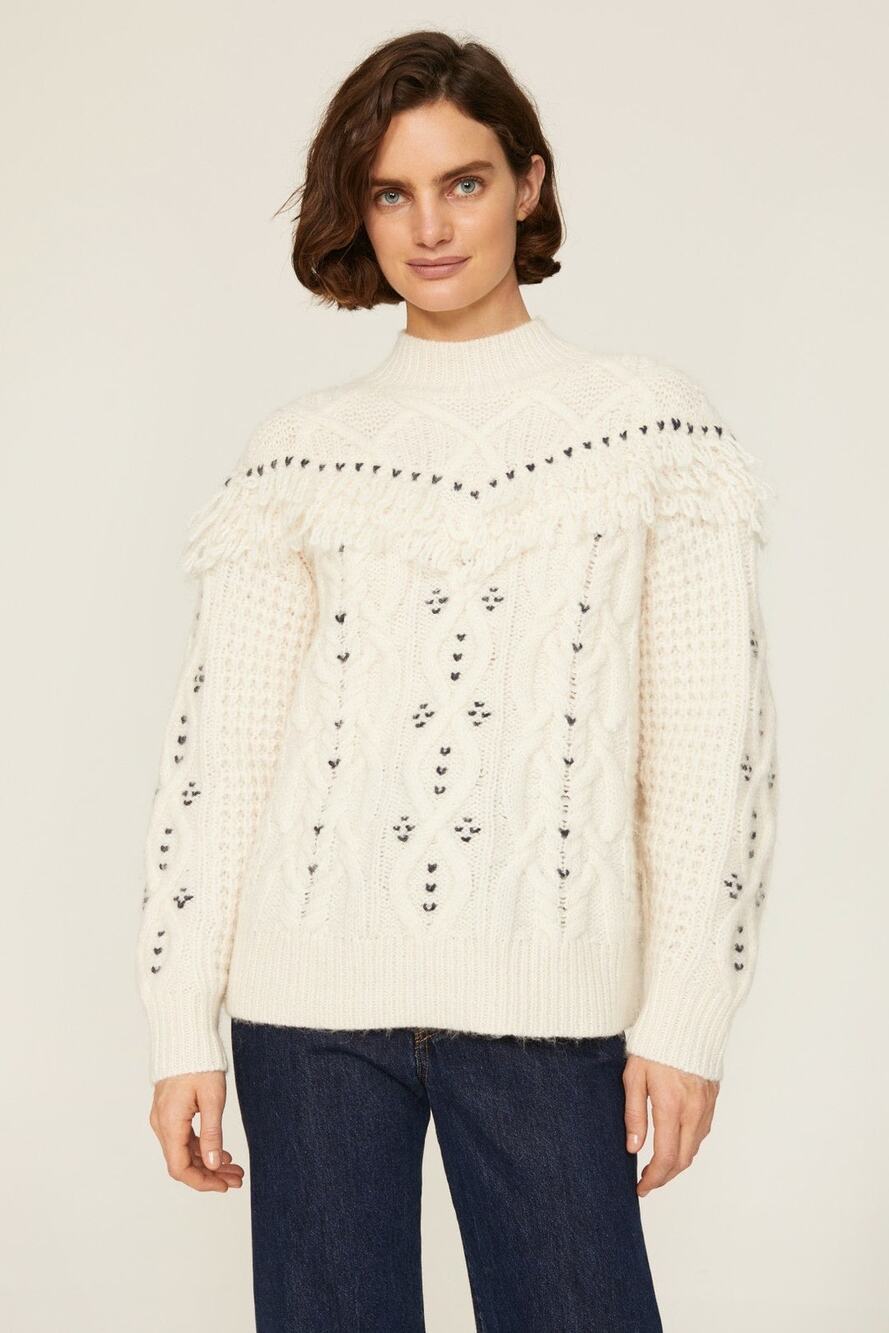 Club Monaco Ivory Cream Embroidered Fringed Cable Knit Wool Sweater XS